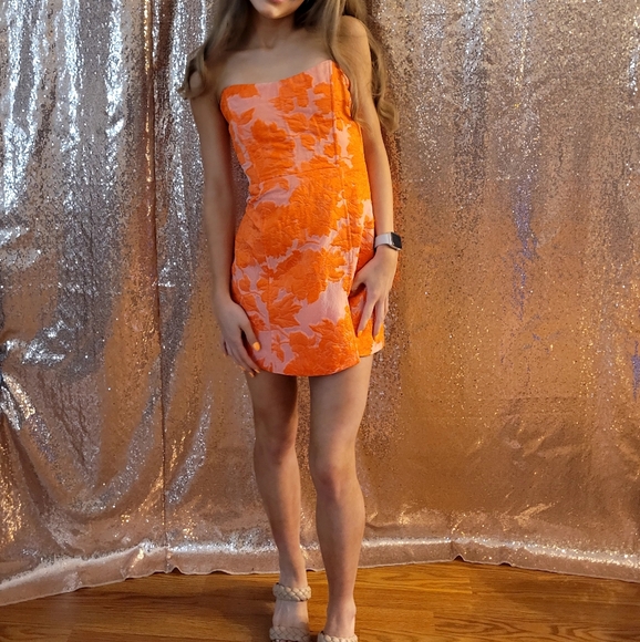 Showpo. Brailey Mini Dress - Strapless Dress in Orange Jacquard - Picture 7 of 7